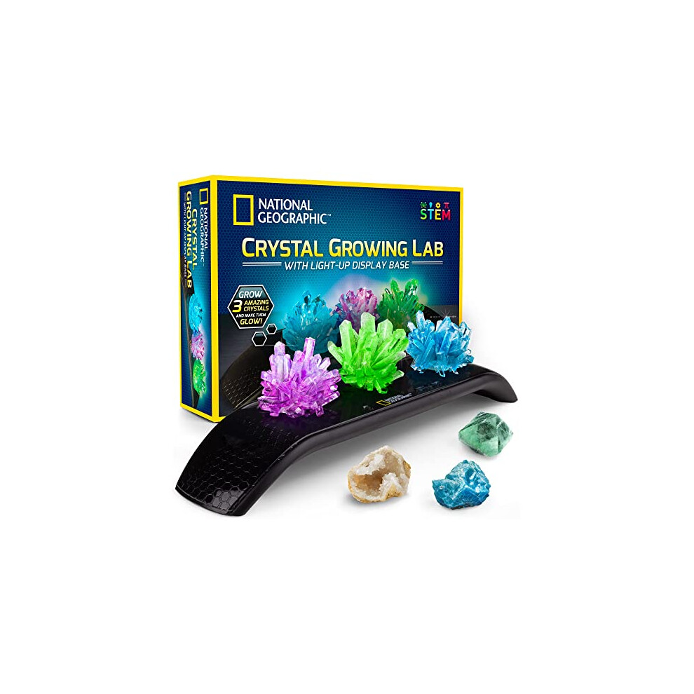 National Geographic Crystal Growing Kit - 3 Vibrant Coloured Crystals to Grow with Light-Up Display Stand & Guidebook, Includes 3 Real Gemstone