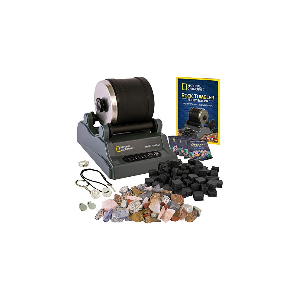 National Geographic Hobby Rock Tumbler Kit - Rock Polisher for Kids & Adults, Durable Noise-Reduced Barrel, Rocks, Grit & New GemFoam for a Shiny