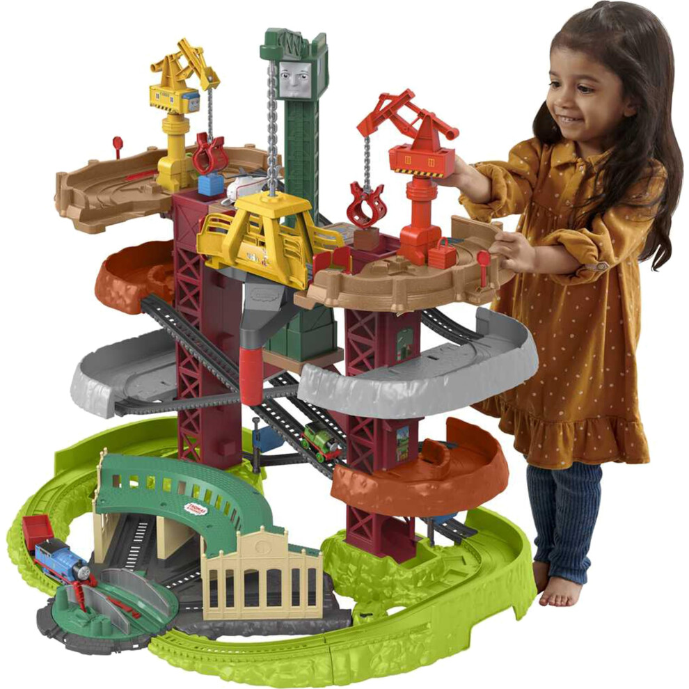 Thomas & Friends Multi-Level Track Set Trains & Cranes Super Tower with Thomas & Percy Engines plus Harold for Preschool Kids Ages 3+ Years, GXH09 ,