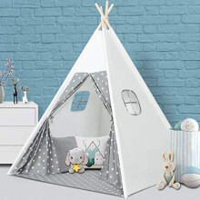 Wilwolfer Teepee Tent for Kids Foldable Children Play Tent for Girl and Boy with Carry Case 4 Poles White Canvas Playhouse Toy for Indoor and Outdoor