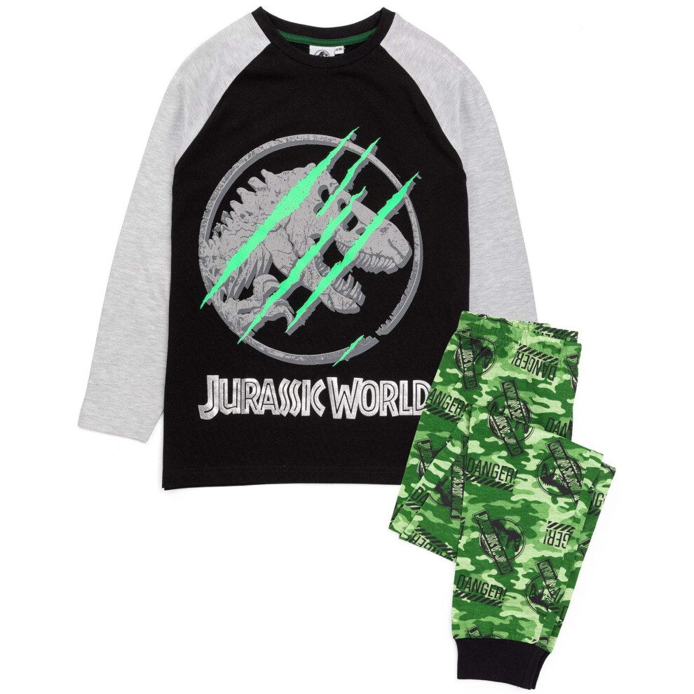 (8-9 Years, Black/Grey/Green) Jurassic World Boys Camo Long-Sleeved Pyjama Set