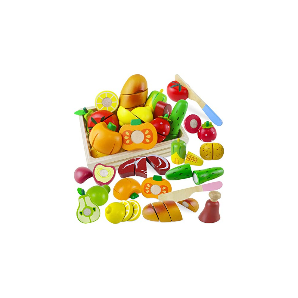 Beberolen Wooden Food Toys, Play Food Sets for Children Kitchen, Toy Kitchen Accessories for Kids, Wooden Cutting Fruit and Vegetables Toys, Pretend