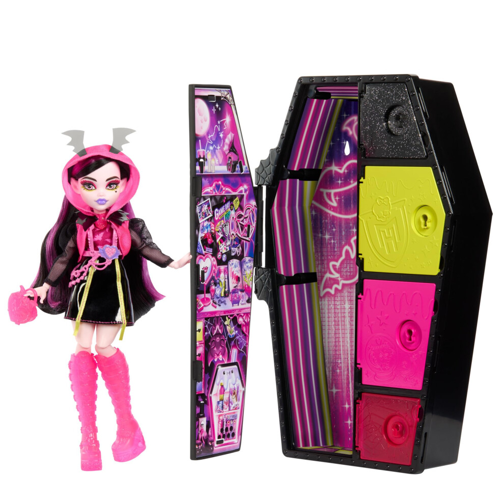 Monster High Doll and Fashion Set, Draculaura Doll, Skulltimate Secrets: Neon Frights, Dress-Up Locker with 19+ Surprises, HNF78