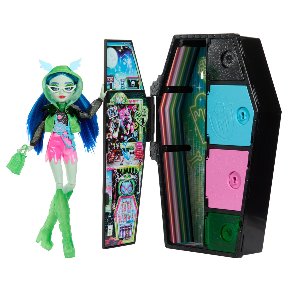 Monster High Doll and Fashion Set, Ghoulia Yelps Doll, Skulltimate Secrets: Neon Frights, Dress-Up Locker with 19+ Surprises, HNF81