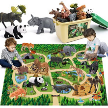 FRUSE Safari Animals Figures Toys w/ 145x98cm Jumbo Play Mat,12PCS Realistic Jungle Wild Zoo Animals Figurines Playset with
