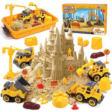 FRUSE Play Construction Sand Kit,Sand Box Toys Set w/1 KG Magnetic Sand,4 Take Apart Construction Trucks,4 Castle Molds,Sandbox with Lid,Sensory Toys