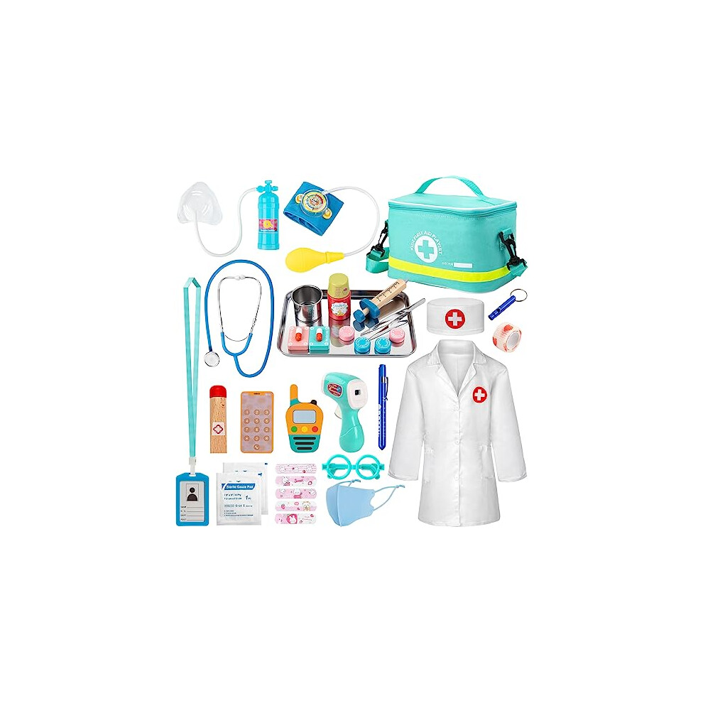 Sundaymot Doctors Set for Kids, 34 Pcs Kids Doctors Wooden Kit, with Real Stethoscope Portable Doctors Bag and Syringe, Role Play Toys Doctor Set for