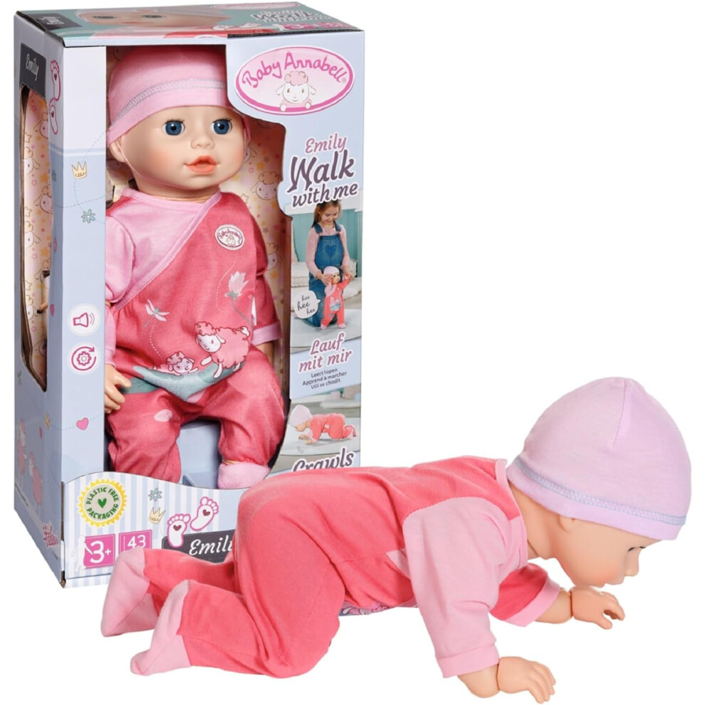 Baby Annabell Emily Walk with Me 710623 - 43cm Doll with Pink Romper and Hat - Requires 3 AAA Batteries (Not Included) - Suitable for Kids From 3+