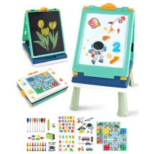 Elovien Easel Kids,Tabletop Easel for Toddler, Foldable 4 in 1 Double Sided Kids Art Easel with Chalkboard & Magnetic Whiteboard,Portable Desktop