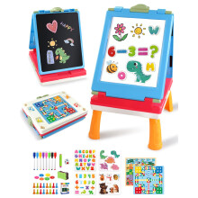 Elovien Easel Kids, 4 in 1 Double Sided Toddler Art Easel with Chalkboard & Magnetic Whiteboard, Foldable Kids Tabletop Easel with Drawing & Writing