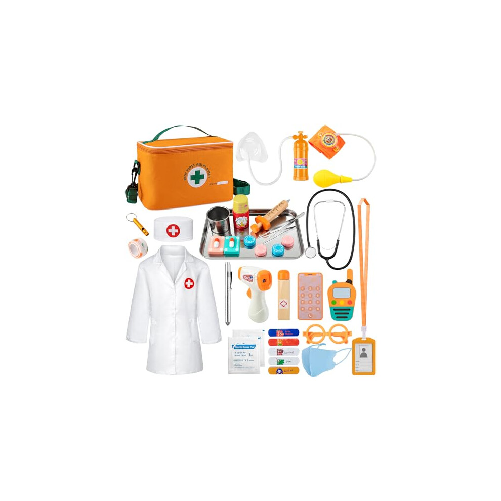 EFO SHM Doctors Set for Kids, Wooden 34-piece Kids Doctors Kit, with Real Stethoscope Portable Doctors Bag and Wooden Syringe, Role Play Toys Doctor