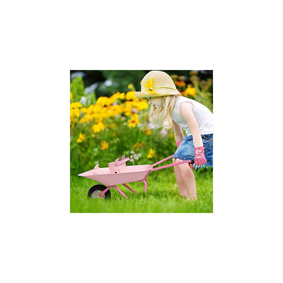 Hortem Kids Wheelbarrow Set Metal 5PCS Construction Kids Wheel Barrel and Kids Garden Tools Kids Gardening Glove Gifts for Kids Pink on OnBuy