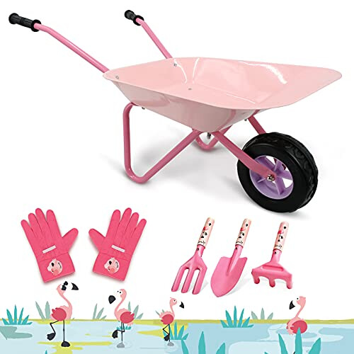 Hortem Kids Wheelbarrow Set Metal 5PCS Construction Kids Wheel Barrel and Kids Garden Tools Kids Gardening Glove Gifts for Kids Pink