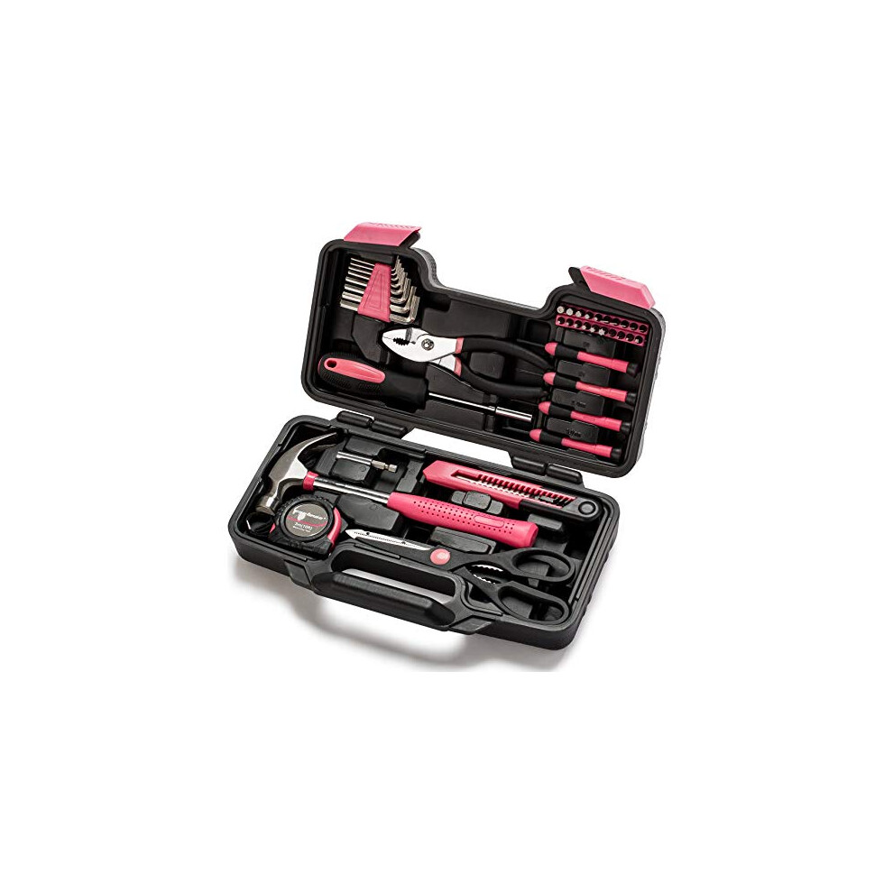 Cartman Pink 39-Piece Tool Set - General Household Hand Tool Kit with Plastic Toolbox Storage Case