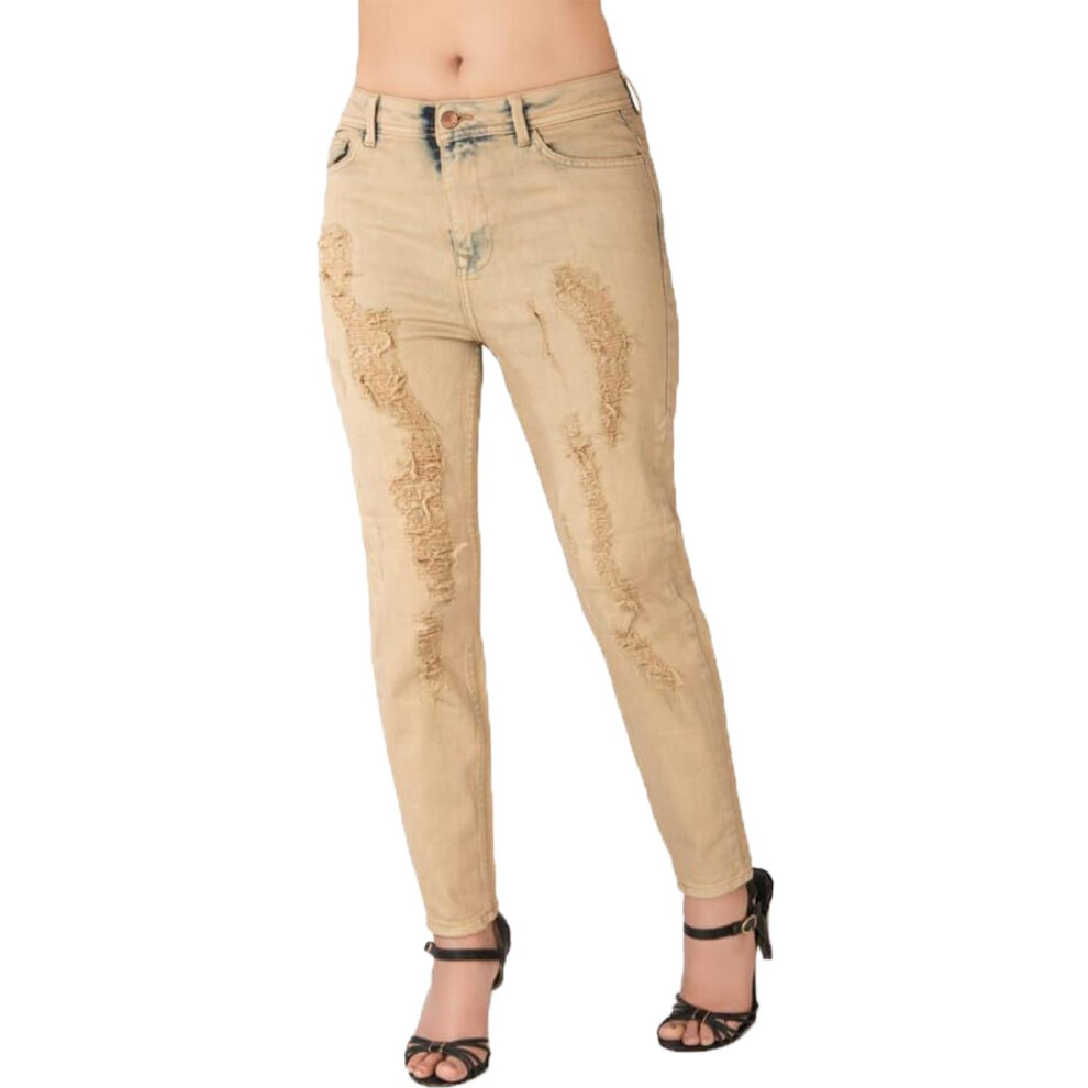 True Face (Khaki, Uk 14) Womens Skinny Ripped Jeans Stretchy Denim Slim Fit Gold