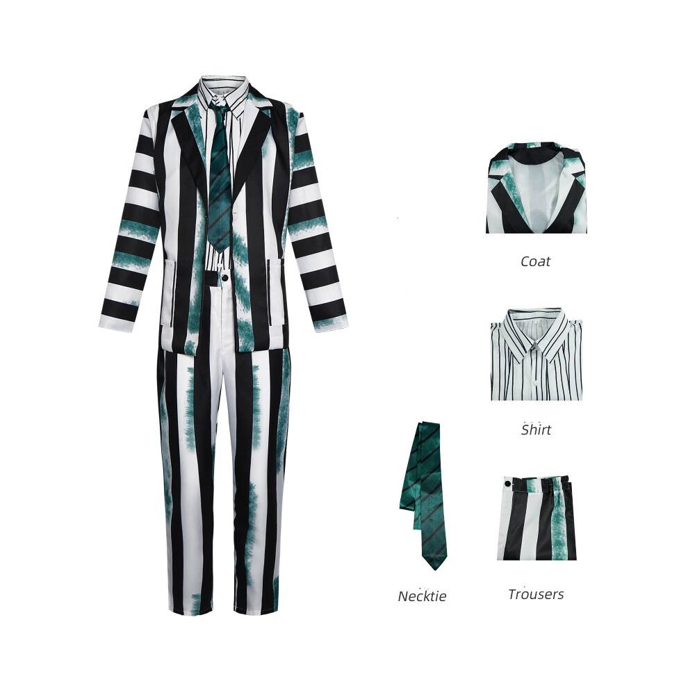 (M) Movie Beetle Juice Character Black White Green Performance Costume Set Cosplay