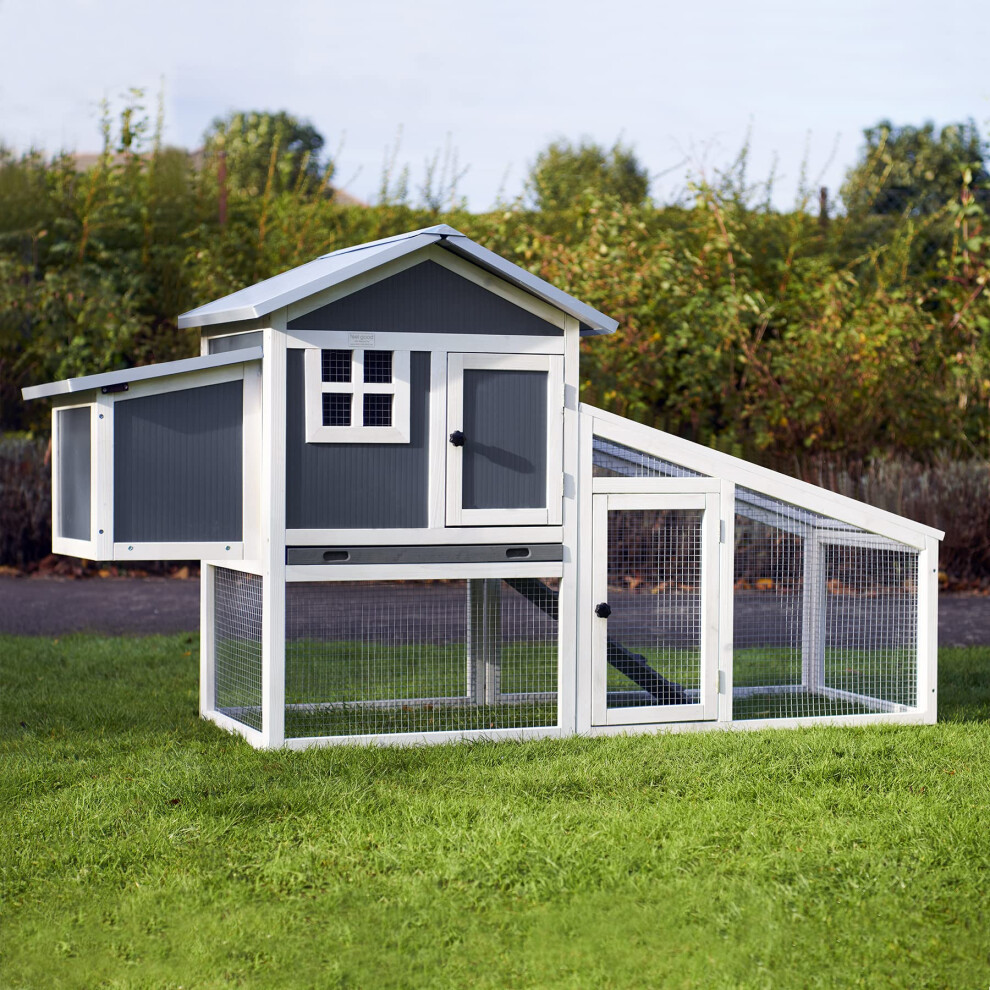 FeelGoodUK Windsor Plastic Chicken Coop and Run Nestbox Ventilation Perches Locks Wood Frame 175cm Width 66cm Depth 100cm Height