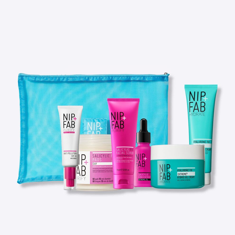 Nip + Fab Purify & Hydrate Gift Set | Clear Oil and Reduce Blemishes with Salicylic acid | Salicylic Scrub, Pads, Concentrate | Hyaluronic Cream