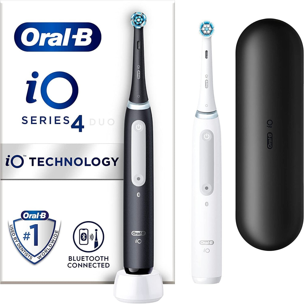 Oral-B iO4 2x Electric Toothbrushes For Adults, 2 Toothbrush Heads & 1 Travel Case, 4 Modes With Teeth Whitening, UK 2 Pin Plug, Black and White