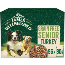 96 x 90g James Wellbeloved Grain Free Senior Wet Dog Food Turkey in Gravy Pouch