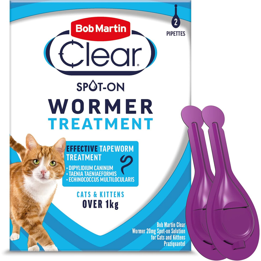 Bob Martin Clear Spot On Wormer for Cats and Kittens - 100 Percent Effective Tapeworm Treatment (2 Pipettes)