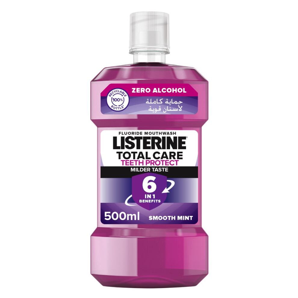 Listerine Mouthwash Total Care Zero Alcohol Smooth Mint, Kills Bad Breath Bacteria, 12 Hours Germ Protection, Strengthens Teeth, 500ml