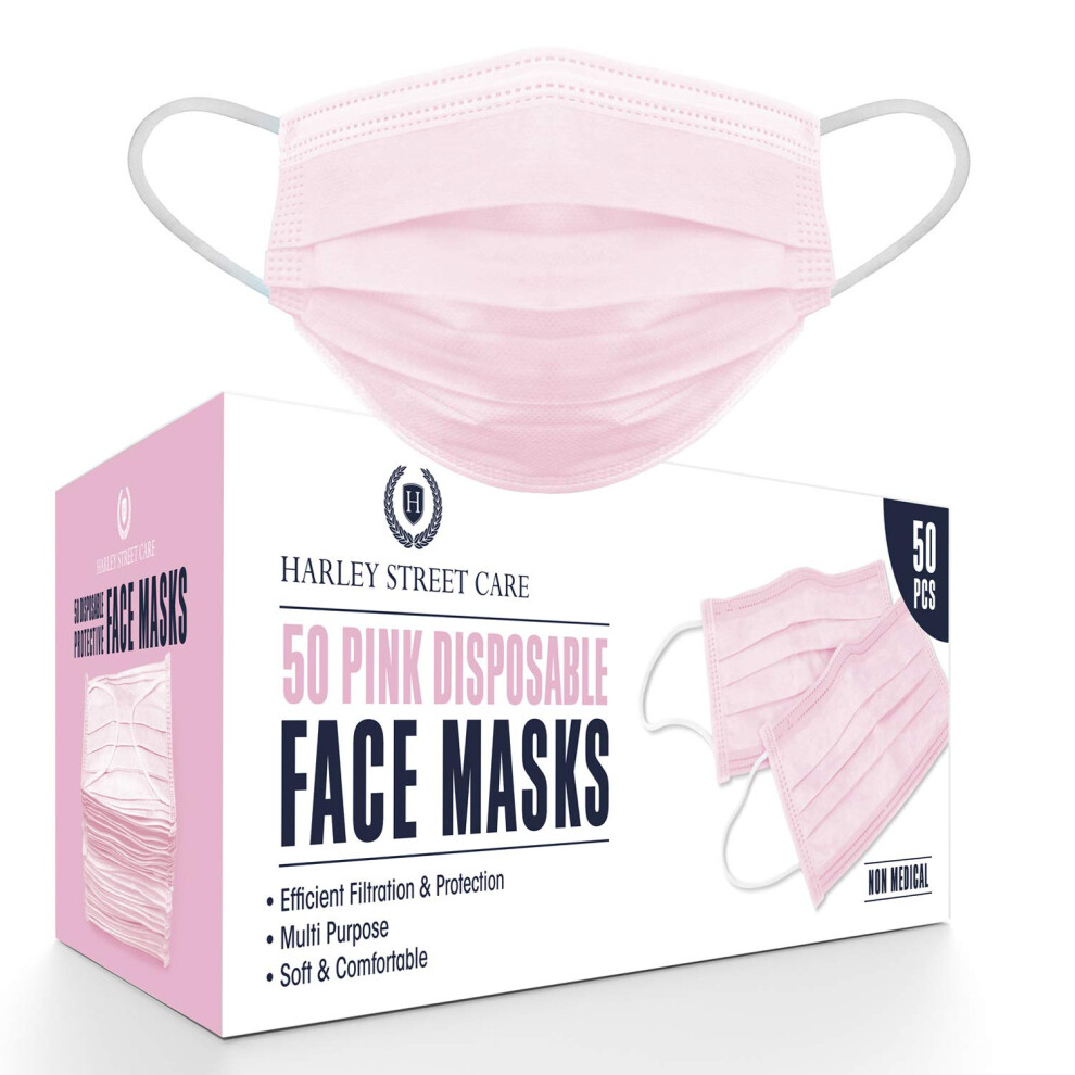 H HARLEY STREET CARE Disposable Pink Face Masks Protective 3 Ply Breathable Triple Layer Mouth Cover with Elastic Earloops (Pack of 50)