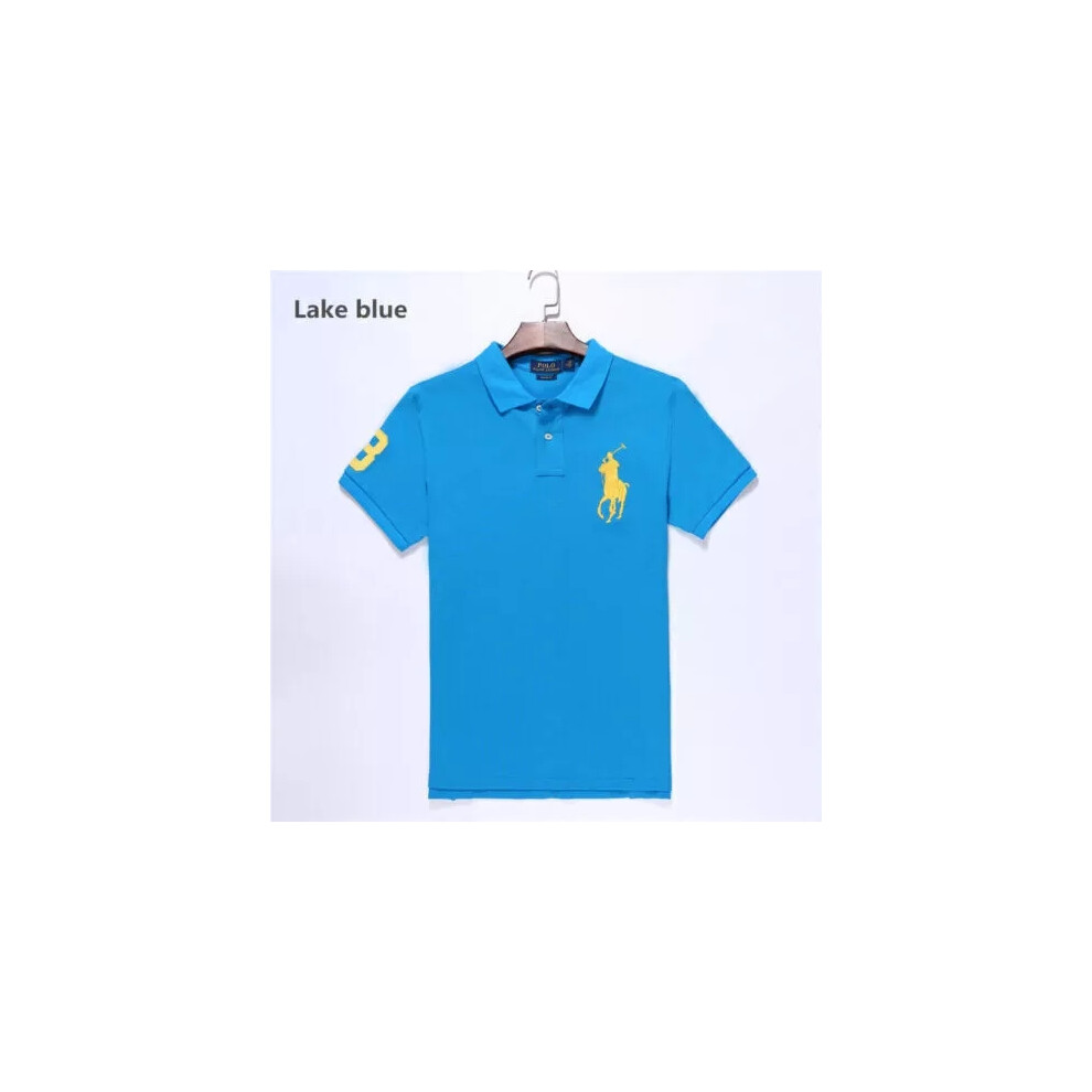 (Lake blue, S) Men's Custom Fit Polo Shirt Cotton Short Sleeve Large Pony Polo Top