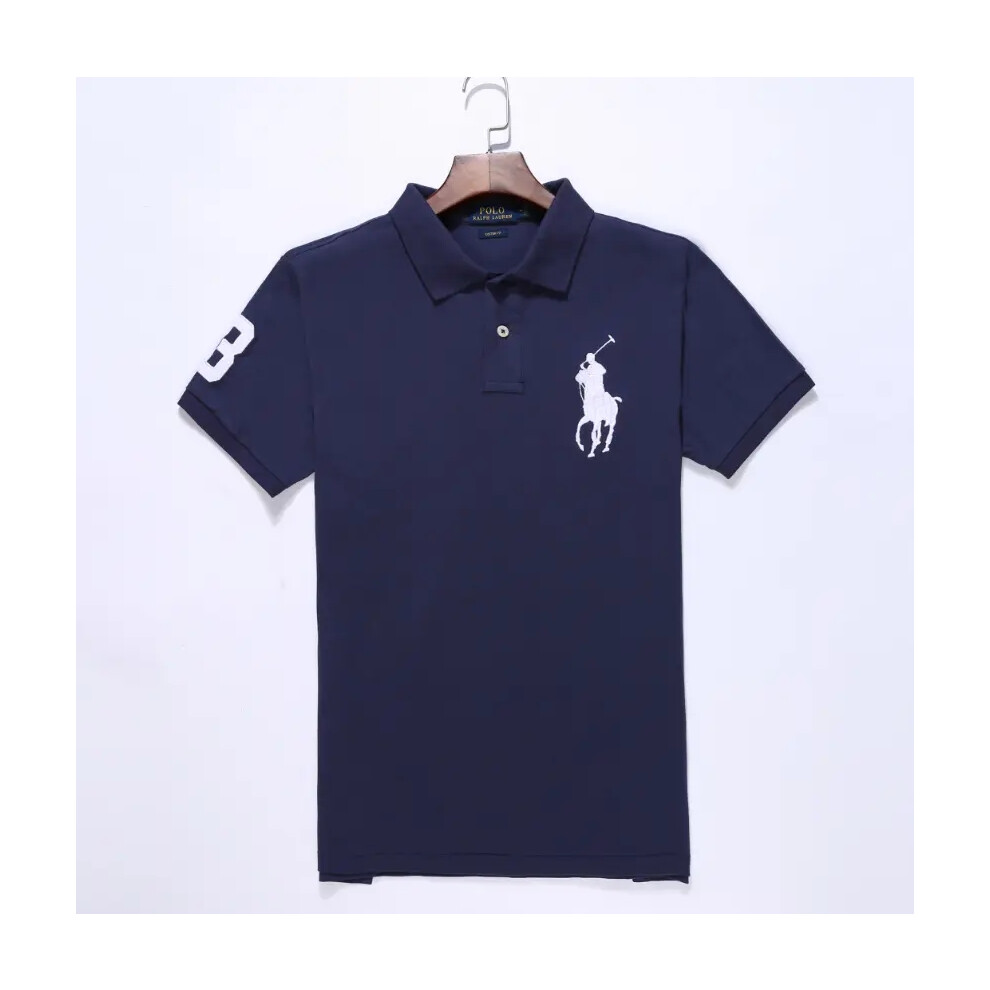 (Navy & white, 2XL) Men's Ralph Lauren Custom Fit Polo Shirt Cotton Short Sleeve Large Pony Polo Top