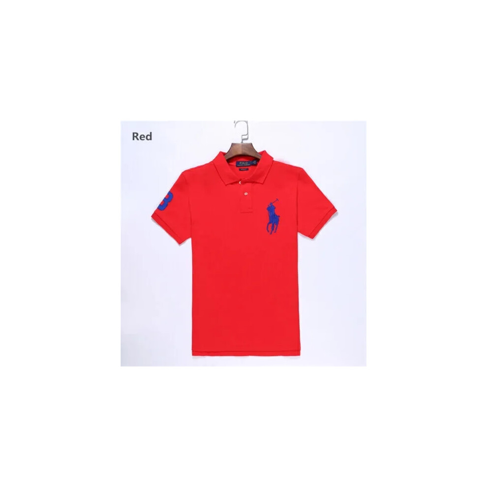 (Red, M) Men's Ralph Lauren Custom Fit Polo Shirt Cotton Short Sleeve Large Pony Polo Top