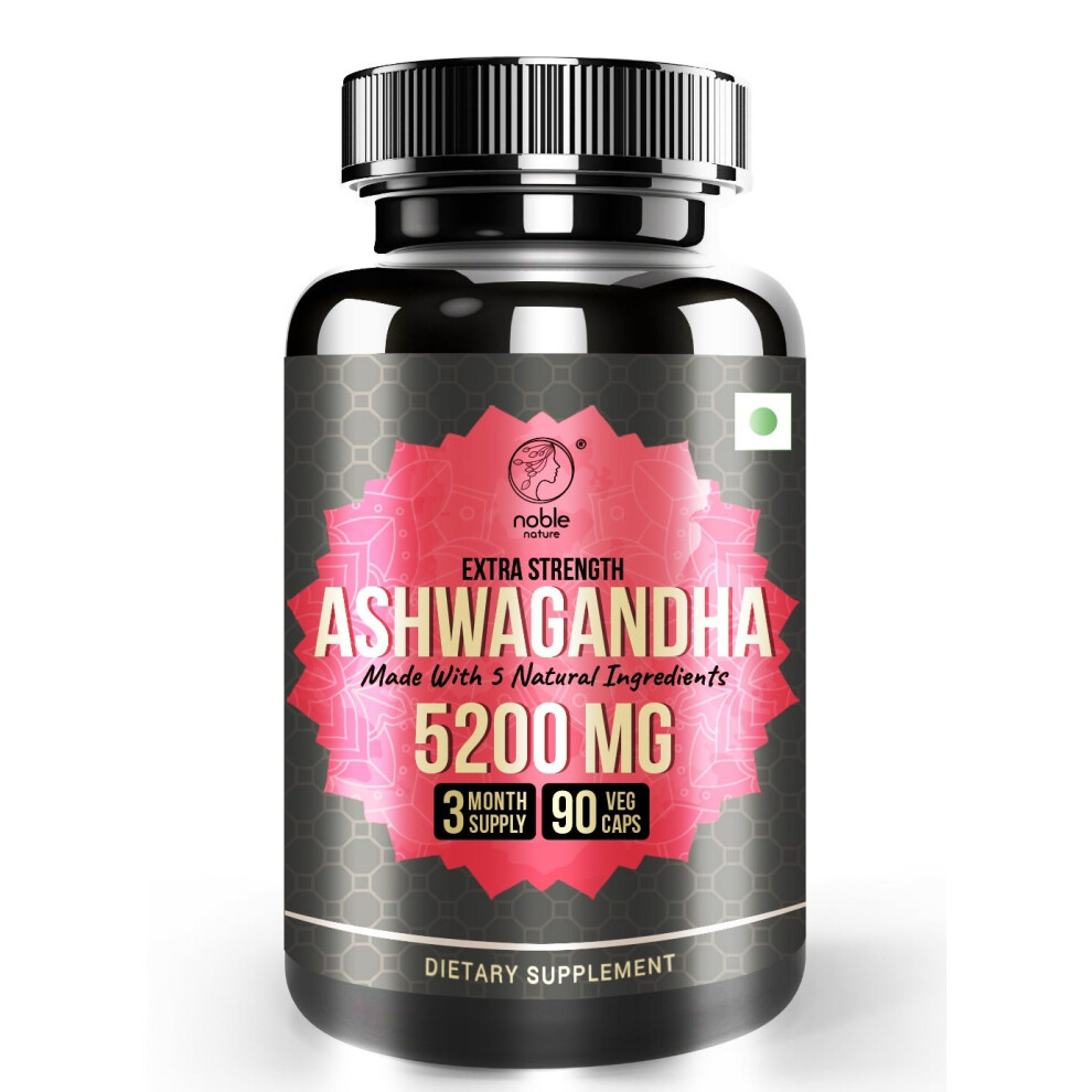 Noble Nature Ashwagandha, Made with 5 Natural Ingredients, 5200mg, 90 Veg Capsules for 3 Month Supply
