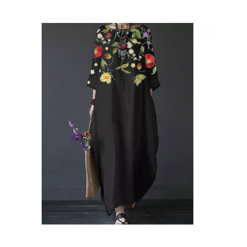 (Black, S) WOMENS LOOSE MAXI LONG DRESS LADIES CASUAL 3/4 SLEEVE KAFTAN BAGGY DRESSES PLUS-image-OPC-PF2QQQC-NEW