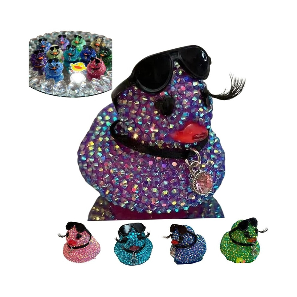 (PURPLE) Mini Sparkling Rhinestone Bling Ducks,Hinestone Car Ornament, Rubber Ducks with Sunglasses for Bathroom Car Dashboard Decor