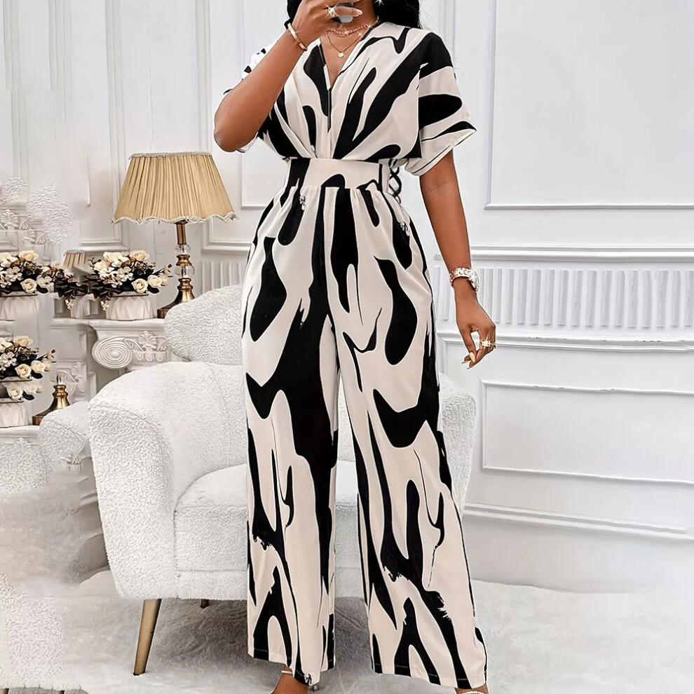 (Black and White, M = 8) Womens Summer V Neck Jumpsuit Office Ladies Party Wide Leg Romper Pants Playsuit-image-OPC-PF2QRJN-NEW