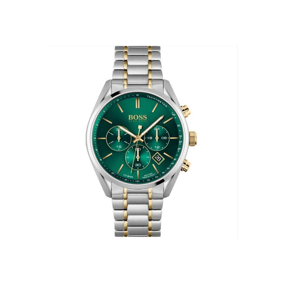 NEW HUGO BOSS CHAMPION HB1513878 SILVER GOLD & GREEN TONE MEN'S WATCH