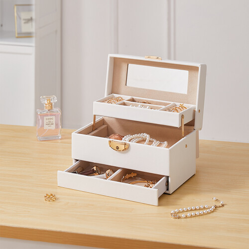 Living And Home (White) Lockable Jewellery Storage Box with Drawer