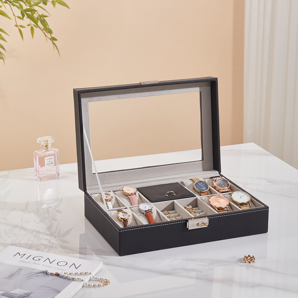 8-Slot Black PU Leather Watch Display Box with Ring Slots