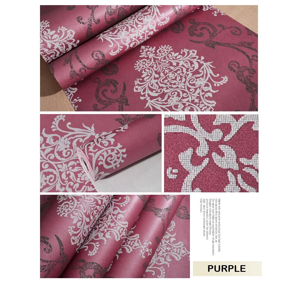 (Purple) 10M Elegant Luxury Damask Embossed Flock Textured Non-woven Wallpaper Roll