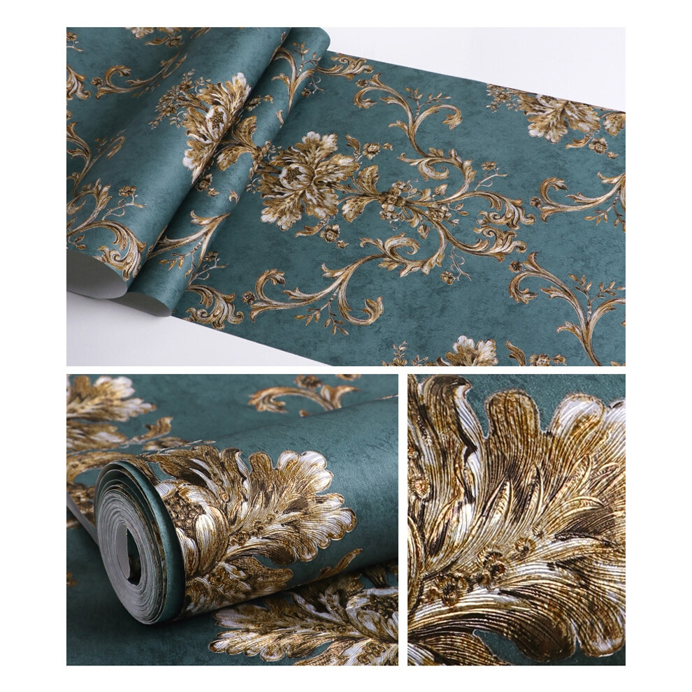 Flemye (Peacock ) 10M New Retro Luxury Damask Wallpaper Deep Embossed Textured Non-Woven Roll Blue/Gold