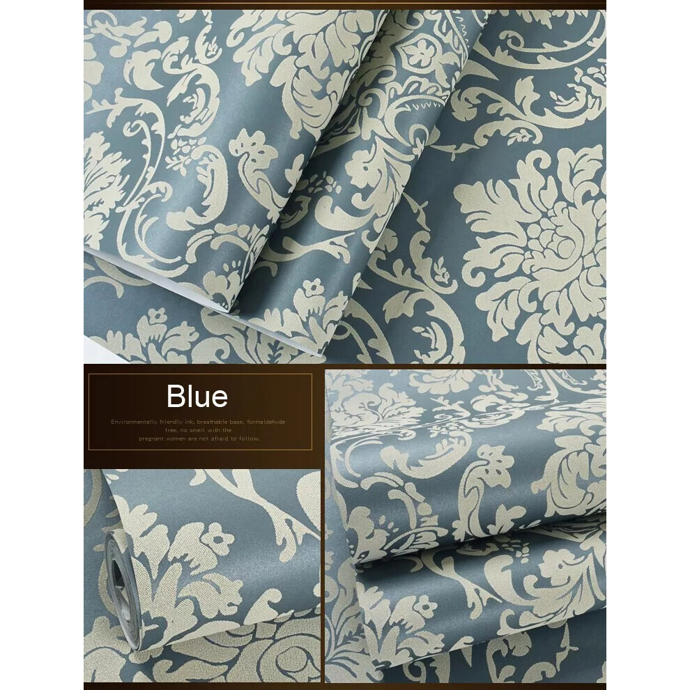 (Blue) 9.5m 5 Colors Luxury Damask Embossed Flocked Textured Non-woven Wallpaper Roll