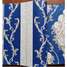 (B Stripe Navy Blue) 10M Elegant Gold Damask Waterproof Wallpaper Murals Embossed Textured PVC Roll