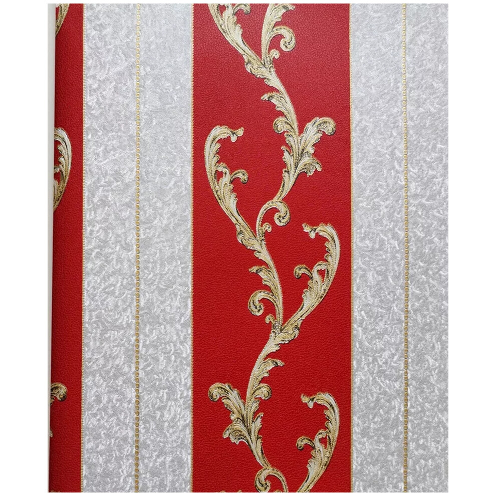 Flemye (B Stripe ) 10M Elegant Damask Waterproof Wallpaper Murals Embossed Textu Pvc Roll Red/Gold