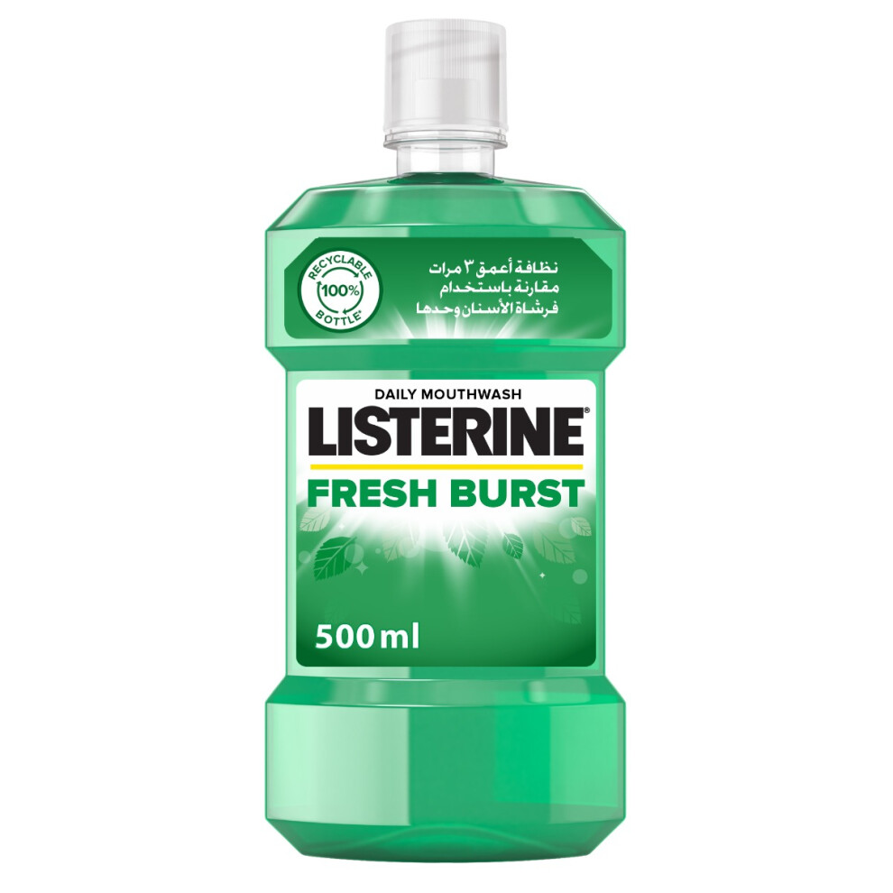 Listerine Fresh Burst Mouthwash, Kills Bad Breath Germs, Reduces Plaque, Gum protection, Freshens breath, 500ml