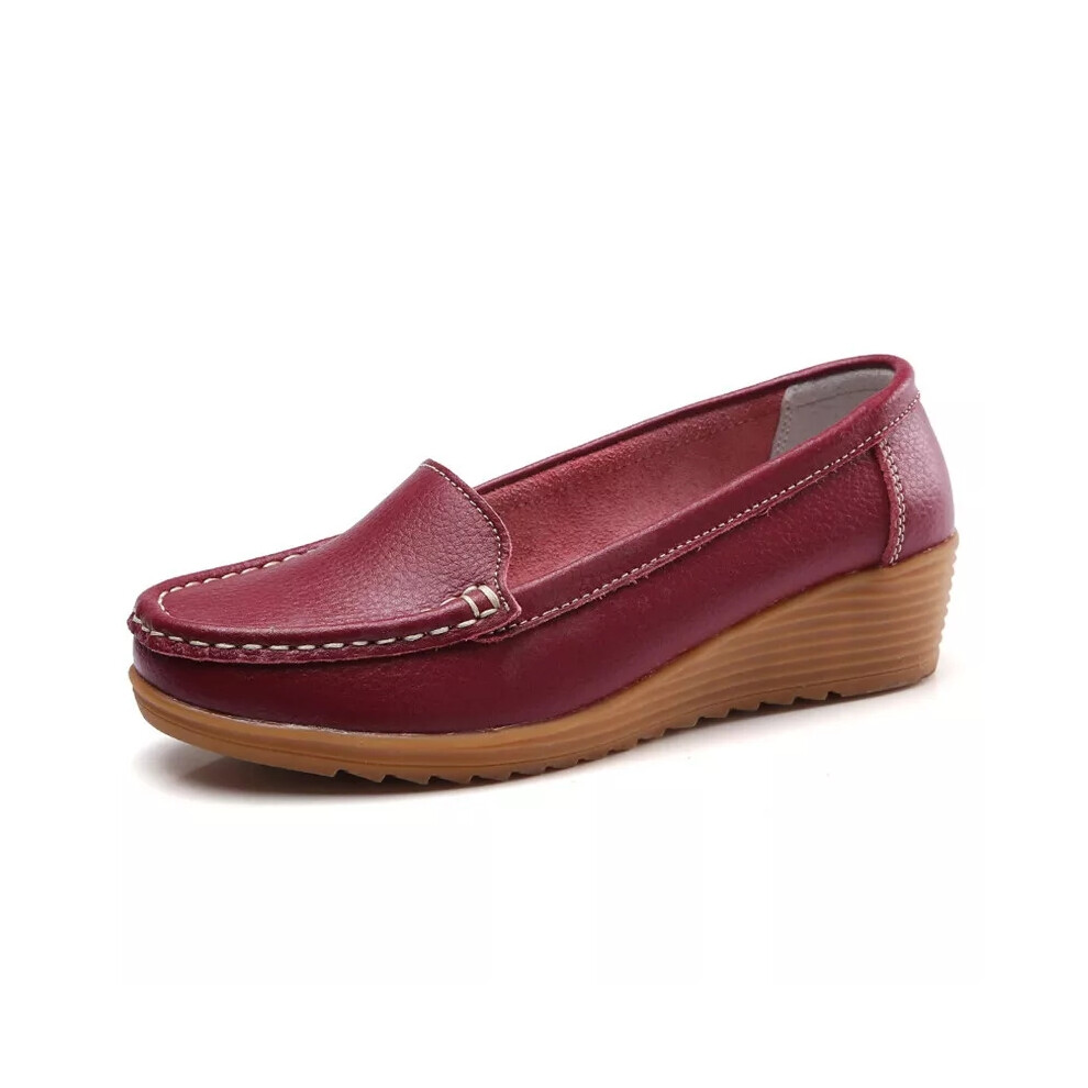 (Maroon, UK Size 6=Tag Size 41) Womens Wedges Loafer Non-Slip Loafers Ladies Slip On Work Soft Wedge Boat Shoe