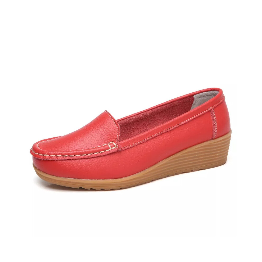 (Red, UK Size 5.5=Tag Size 40) Womens Wedges Loafer Non-Slip Loafers Ladies Slip On Work Soft Wedge Boat Shoe