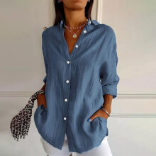(Blue, UK Size 16=Tag Size 2XL) Women Baggy Shirt Button Up Long Sleeve Ladies Casual Loose Plain Blouse Tops UK