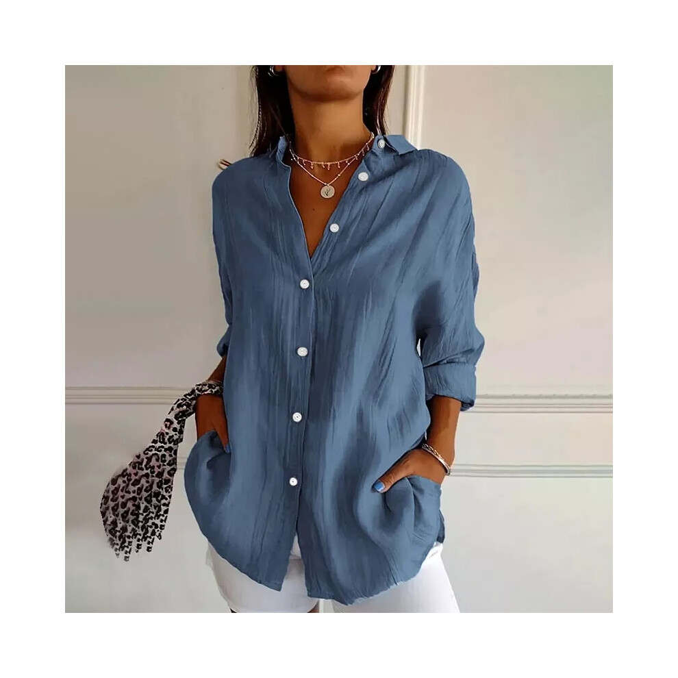 (Blue, UK Size 16=Tag Size 2XL) Women Baggy Shirt Button Up Long Sleeve Ladies Casual Loose Plain Blouse Tops UK