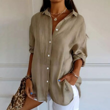 (Khaki, UK Size 16=Tag Size 2XL) Women Baggy Shirt Button Up Long Sleeve Ladies Casual Loose Plain Blouse Tops UK