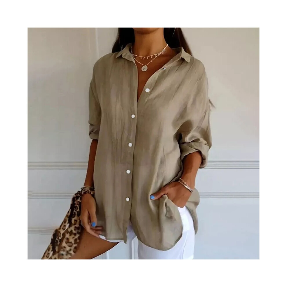 (Khaki, UK Size 16=Tag Size 2XL) Women Baggy Shirt Button Up Long Sleeve Ladies Casual Loose Plain Blouse Tops UK