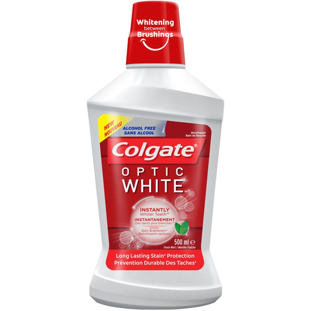 Colgate Optic White Whitening Mouthwash, Sparkling Fresh Mint Flavor, Long Lasting Protection, Kills Germs, Fresh Breath, 500ml